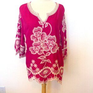 Solitaire Magenta Pink Tunic Top LG Embroidered Scalloped hem and sleeves Floral